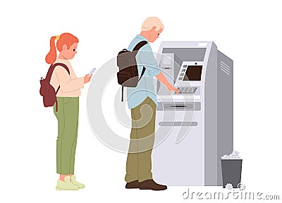 People characters queue at atm with man withdrawing money, young schoolgirl waiting for next turn Vector Illustration