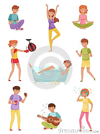 People Characters Reducing Stress by Different Activities like Playing Guitar and Listening to Music Vector Vector Illustration