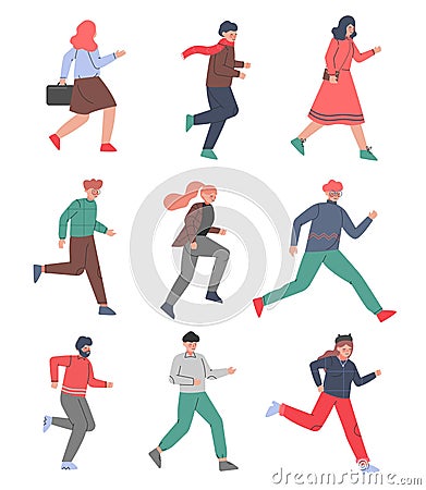 People Characters Running and Pushing Forward in a Hurry Vector Illustration Set Vector Illustration
