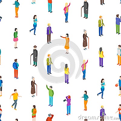 People Characters Seamless Pattern Background Isometric View. Vector Vector Illustration