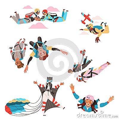 People Characters Skydiving Falling Down with Parachute and in Wingsuit Vector Set Vector Illustration