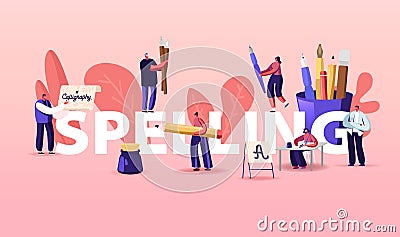 People Characters Spelling Concept. Writing Letters, Script, Creative Hobby Recreation. Woman Sitting at Table Vector Illustration