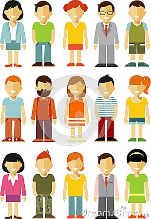 People characters stand set in flat style isolated on white background Vector Illustration