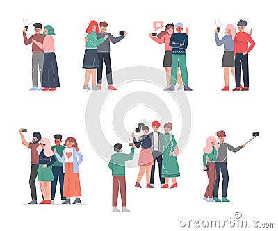 People Characters Taking Photos Selfie with Smartphone Vector Set Stock Photo