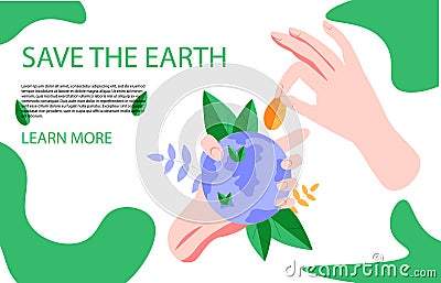 People Characters trying to Save Planet Earth. Woman and Man Planting and Watering Trees, Measuring Planet Temperature. Global Vector Illustration