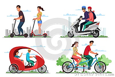 People characters use eco transport flat scene set Vector Illustration