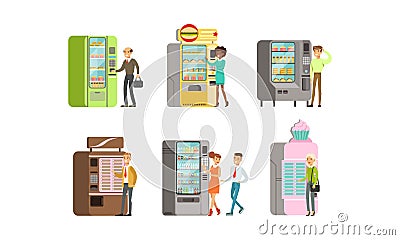 People Characters Using Vending Machines Vector Illustrations Set Vector Illustration