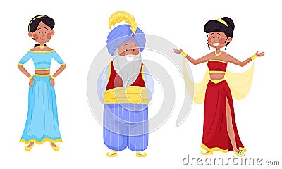 People Characters Wearing Arabic Clothing with Woman in East Apparel and Sheik with Mandil on His Head Vector Set Vector Illustration