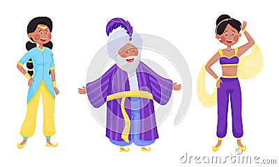 People Characters Wearing Arabic Clothing with Woman in East Apparel and Sheik with Mandil on His Head Vector Set Vector Illustration