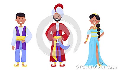 People Characters Wearing Arabic Clothing with Woman in East Apparel and Young Sheik with Mandil on His Head Vector Set Vector Illustration