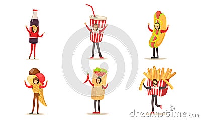 Men And Women Wearing Costumes Of Fast Food And Ice Cream For Menu Or Banners Vector Illustration Set Isolated On White Vector Illustration
