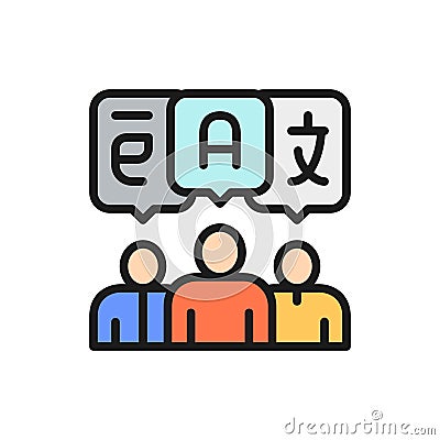People with chat bubbles, foreign language, conversation flat color line icon. Vector Illustration