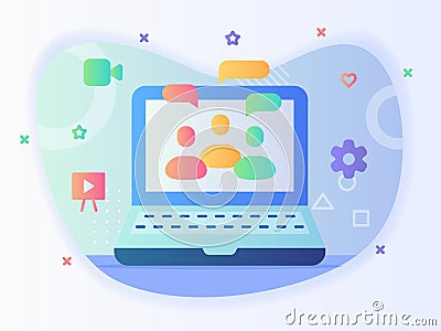 People chat meeting discussion image on laptop screen concept online group chatting modern flat style. Vector Illustration