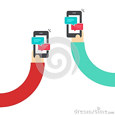 People chatting with mobile phones vector, hands with smartphones and messages chat, messaging with cellphone, sms Vector Illustration