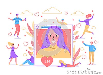 People chatting texting communicate selfie portrait on social networks using smartphones blogger girl podcast vector Vector Illustration