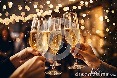 People cheers with champagne glasses at party. Christmas friends celebration Stock Photo