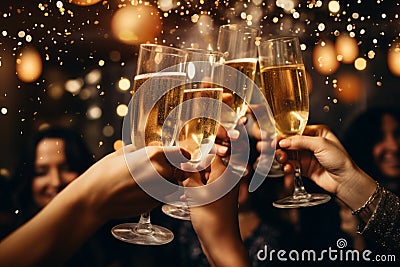 People cheers with champagne glasses at party. Christmas friends celebration Stock Photo