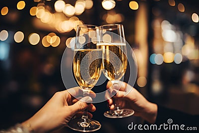 People cheers with champagne glasses at party. Christmas friends celebration Stock Photo