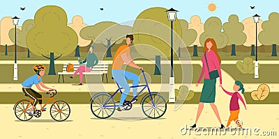 People with children Walking Cycling in City Park Vector Illustration