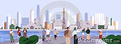 People in China city. Chinese cityscape, urban panorama. Tourists walking in Shanghai center, street. Asian oriental Cartoon Illustration