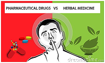 People and choices between pharmaceutical drugs and herbal medicine background. Flat vector illustration. Vector Illustration