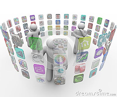 People Choose Apps on Projected Touch Screen Walls Stock Photo