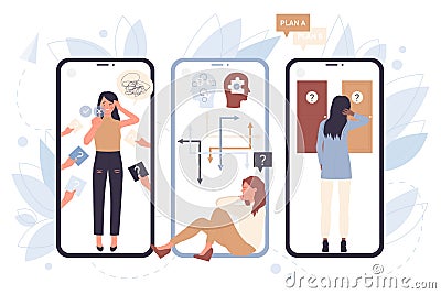 People choose door right, decide difficult business tasks on screens of mobile phones Vector Illustration