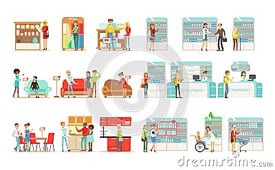 People choosing and buying furniture in shop, shoppers buying drugs, vitamins and medications in pharmacy vector Vector Illustration