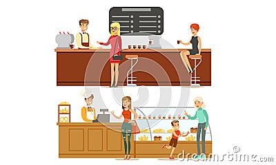 People Choosing Desserts and Buying Coffee at Bakery Shop, Male Seller Serving Customers at Confectionery or Cafe Vector Vector Illustration