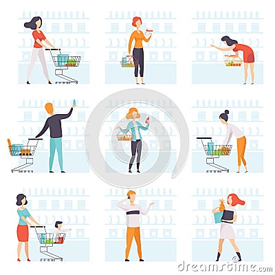 People choosing products, pushing carts at grocery store set, man and woman shopping at supermarket vector Illustration Vector Illustration
