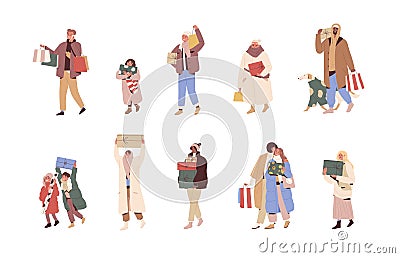 People with Christmas gifts set. Happy men and women carry present boxes and bags after winter holiday shopping. Couples Vector Illustration