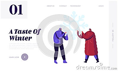 People Christmas Holidays Activity Website Landing Page. Happy Young Man and Woman in Warm Clothes Vector Illustration