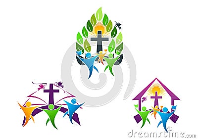 people church christian logo, bible,dove and religious family icon symbol design Vector Illustration