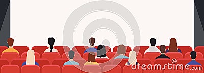 People in cinema from back. Movie theater audience watching film. Men and women public looking at screen in hall with chairs, Vector Illustration