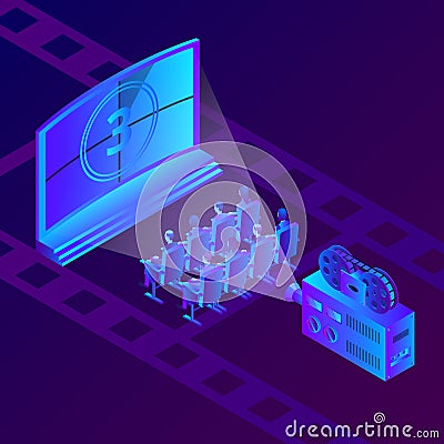 People in cinema watching movie. Vector isometric neon gradients illustration. Film festival and entertainment concept Vector Illustration