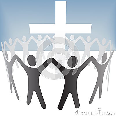 People Circle Hold Up Hands Gather Around a Cross Vector Illustration