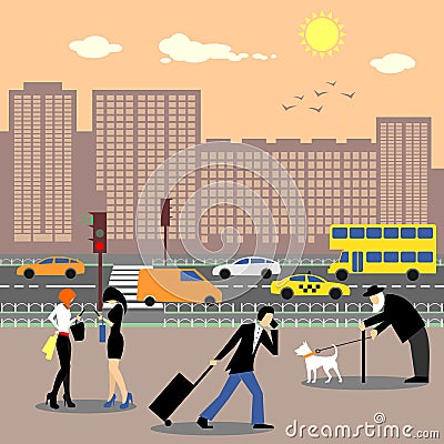 People in the city center. Busy traffic and skyscrapers Vector Illustration