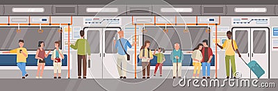 People or city dwellers in metro, subway, tube or underground train car. Men and women in public transport. Male and Vector Illustration