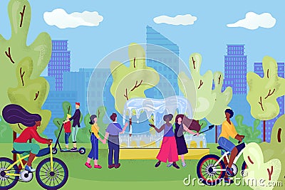 People in city park, on bicycles, having fun near fontain, leisure and rest in summer nature, making selphies with Vector Illustration