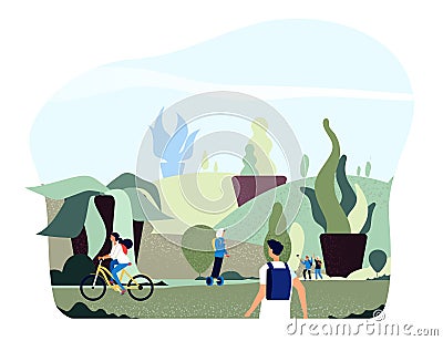 People in city park. Free green giant plants persons walk ride bike in eco urban summer spring garden healthy lifestyle Vector Illustration