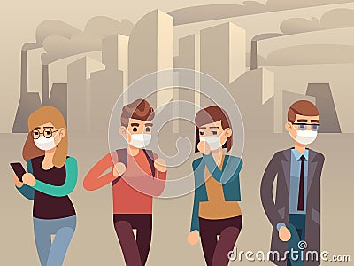 People city smog. Man woman protective face masks industrial smog dust pollution toxic air harmful environmental, flat Vector Illustration