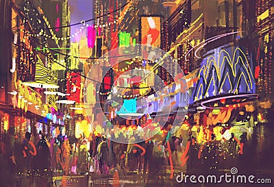 People in city street with illumination and nightlife Stock Photo