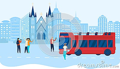 People on city travel bus tour vector illustration, cartoon flat traveler tourist characters group visiting sightseeing Vector Illustration