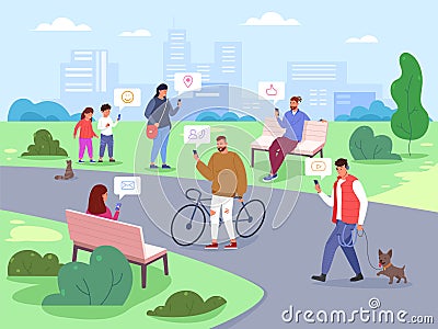 People city use smartphones. Many humans using mobile phones in street, smart online technology, crowd friends texting Vector Illustration