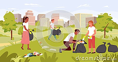 People clean dirty city park, nature save, ecology rescue, young volunteer team working Vector Illustration