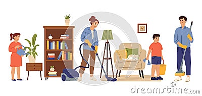 People cleaning home. Family living room, mom daughter doing house work together. Householding, kids adult housekeeping Vector Illustration