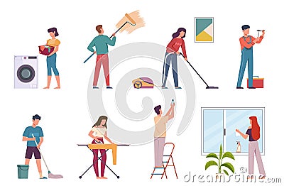 People cleaning. Housework cleaning company service, men and women doing chores. Ironing, washing floor and vacuuming Vector Illustration