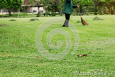 People are cleaning on lawn. Stock Photo