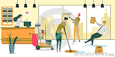 People Cleaning Office with Special Equipment. Vector Illustration