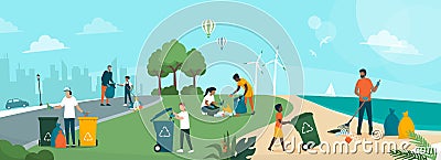 People cleaning planet earth and building a better future Vector Illustration